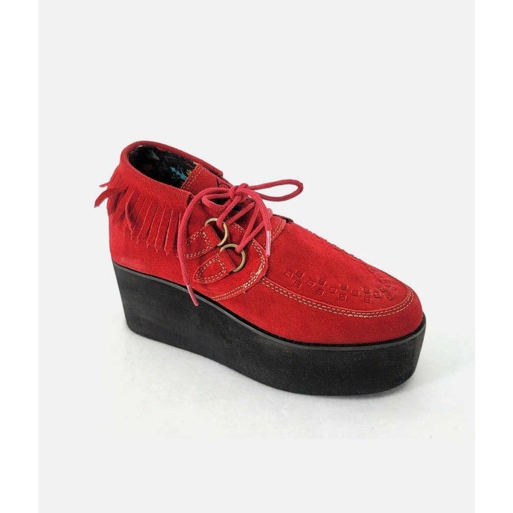 YRU Red Suede Fringe‎ Platform Flatform Creeper Shoes 7 Lace Up Punk Womens